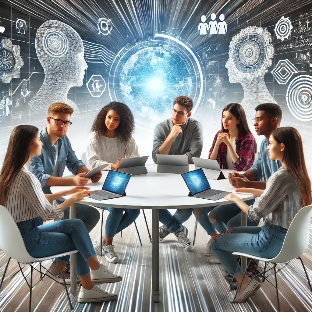 Students collaborating with digital technology